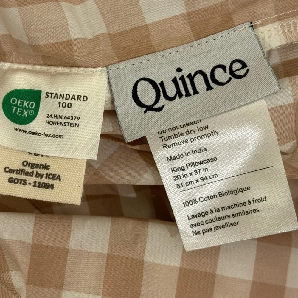 Quince Cafe Gingham Organic Cotton Sheet Set King Fitted Sheet 2 Shams 3Pc Set